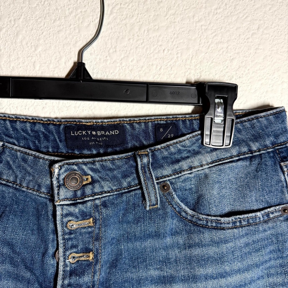 Lucky Brand Los Angeles Cut Off Shorts Women 8 Blue Denim Logo Frayed Hem Casual - Picture 5 of 7